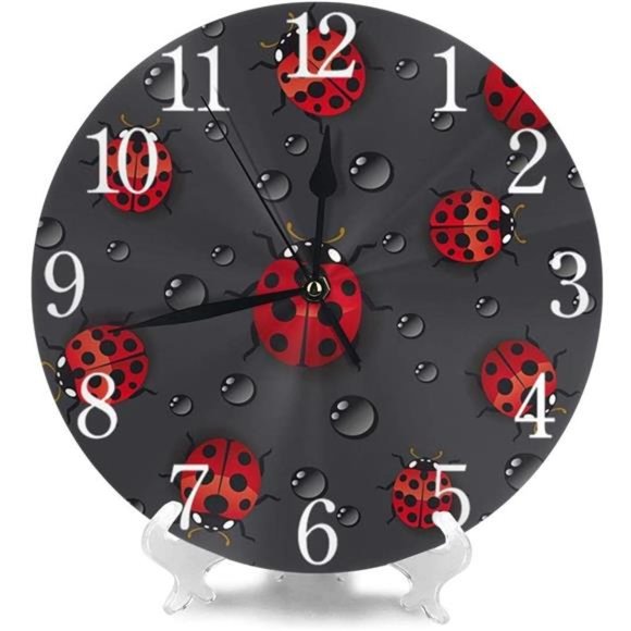 Cute Ladybug with Raindrop Round Wall Clock Silent Non Ticking Battery Operated - Picture 3 of 7